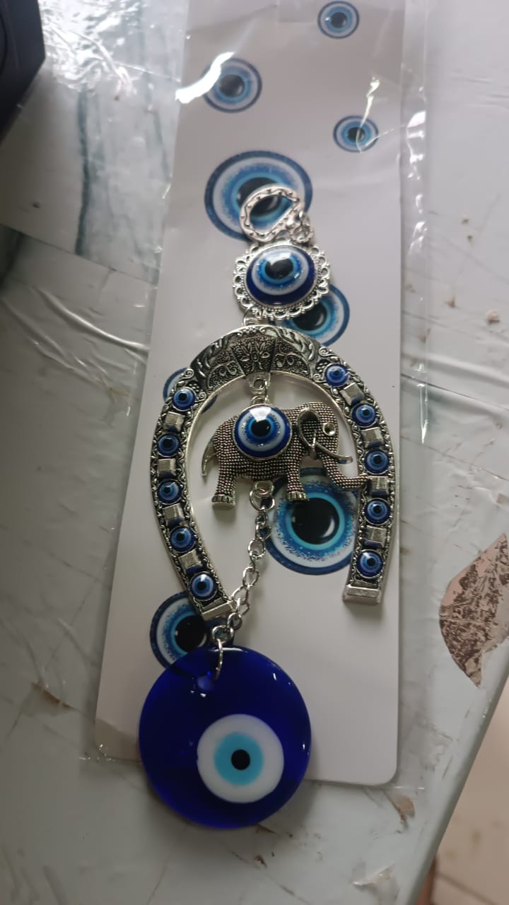 Decorative Evil Eye Hanging with Elephant and Horseshoe Motif, Wind Chime (1 Pc)