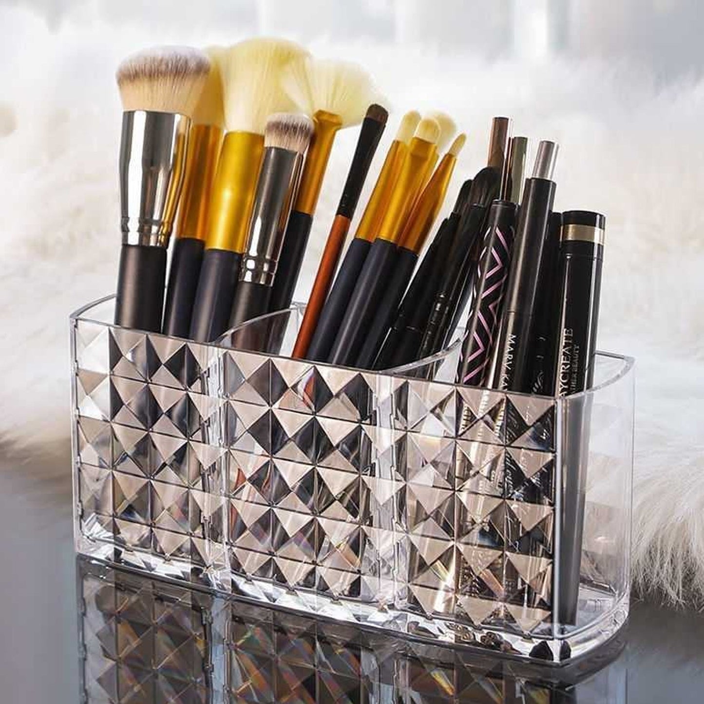 Elegant Crystal-Effect 3-Compartment Acrylic Makeup Brush Holder (1 Pc)