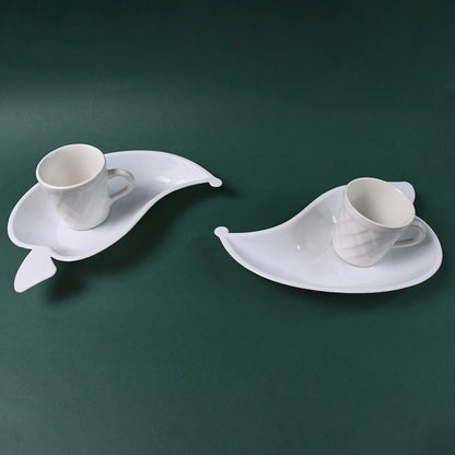 Unibic Ceramic Tea Cups With Plastic Leaf Shape tray / Platter (6 Pcs Set)