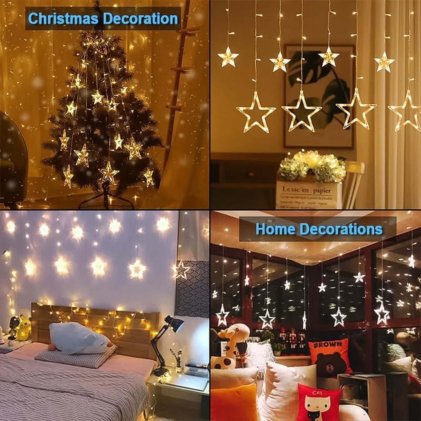 12 Stars LED Curtain String Lights with 8 Flashing Modes for Home Decoration, Diwali & Wedding LED Christmas Light Indoor and Outdoor Light ,Festival Decoration  (Warm White / With Box)