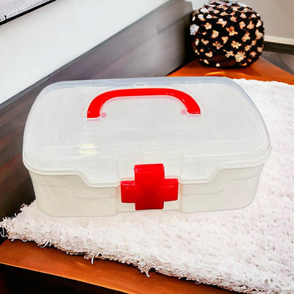 3-Compartment First Aid Box - Portable Medicine Storage with Detachable Tray & Transparent Lid