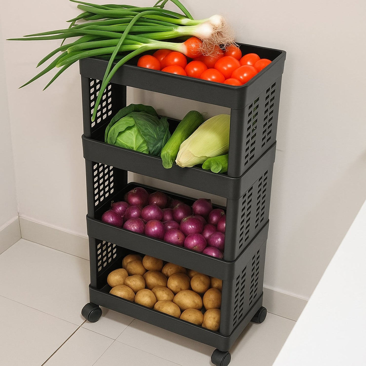 4-Layer Plastic Storage Rack with Wheels