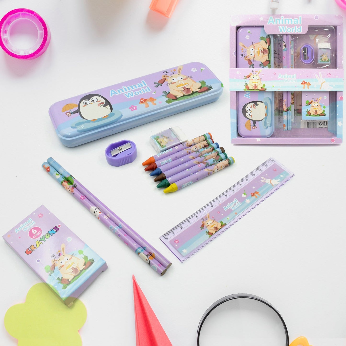 Stationery Kit for Kids - Metal Pencil Box, Sharpener, Pencil & Eraser (12 Pc Set)