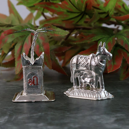 Silver-Plated Kamdhenu Cow & Tulsi Plant Pair – Pooja & Home Décor