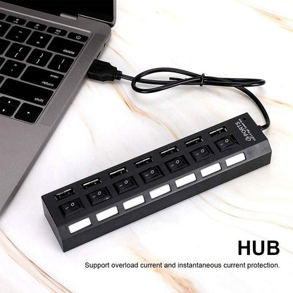 USB Splitter Multi Port USB 2.0 Hub, 7 Port with Independent On/Off Switch and LED Indicators USB A Port Data Hub, Suitable for PC Computer Keyboard Laptop Mobile HDD, Flash Drive  Etc