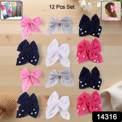 Hair Bow Knot Clip Suitable For Girls (12 Pc / Multicolour & Mix Design) Hair accessories
